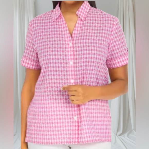 Alfred Dunner Womens Blouse Dobby Pink & White Plaid Button Up Short Sleeve 3XL - Picture 1 of 4